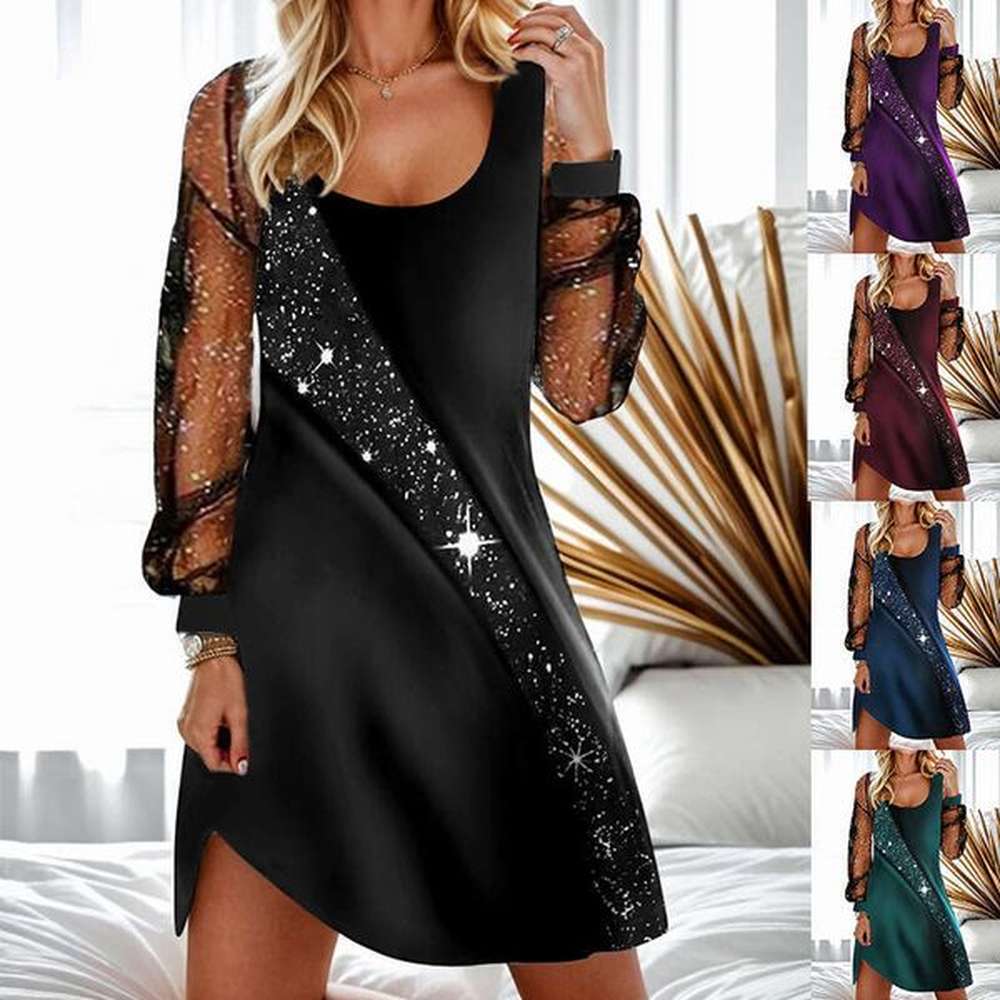 spring autumn tewu sequin see through mesh womens dress