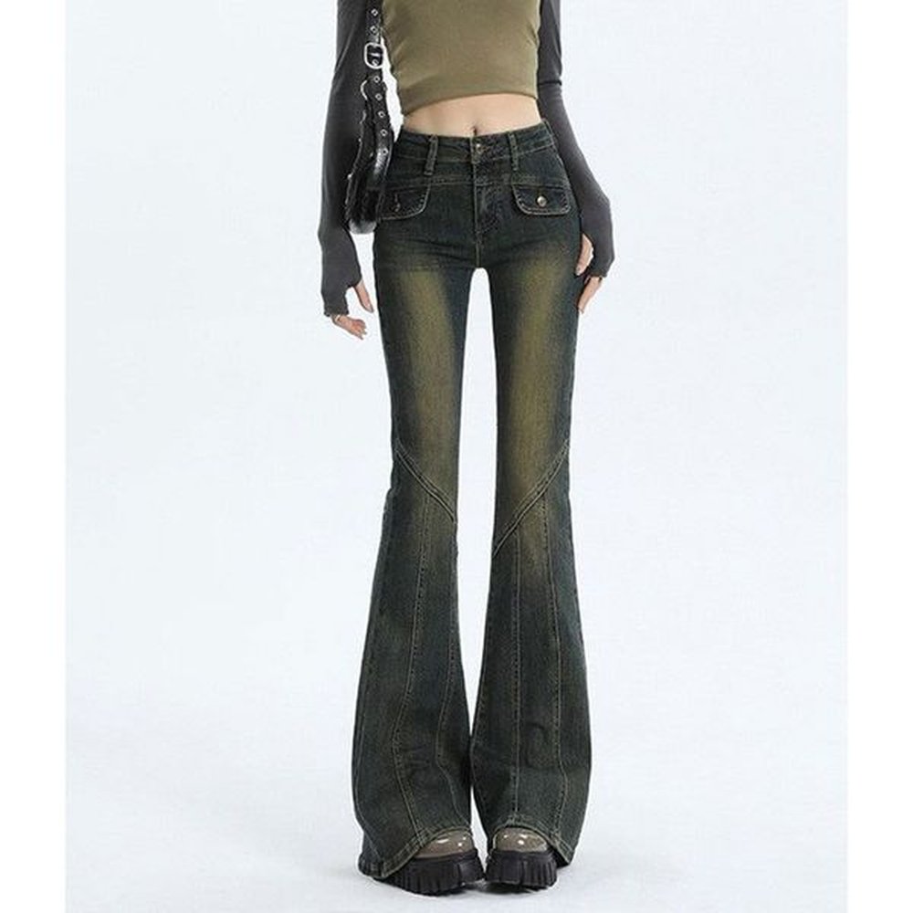 spring autumn women splicing micro flared jeans vintage high