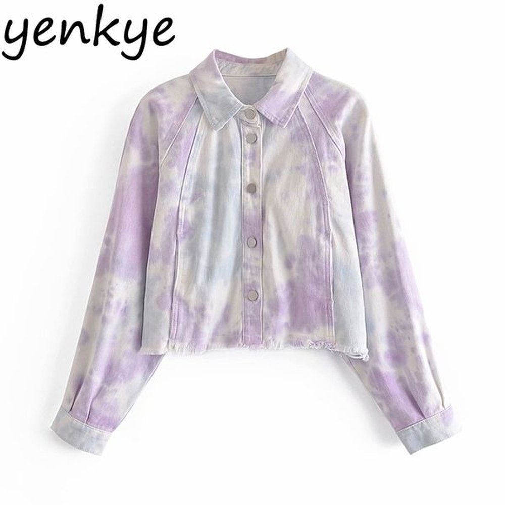 spring autumn women vintage tie dye denim jacket female long