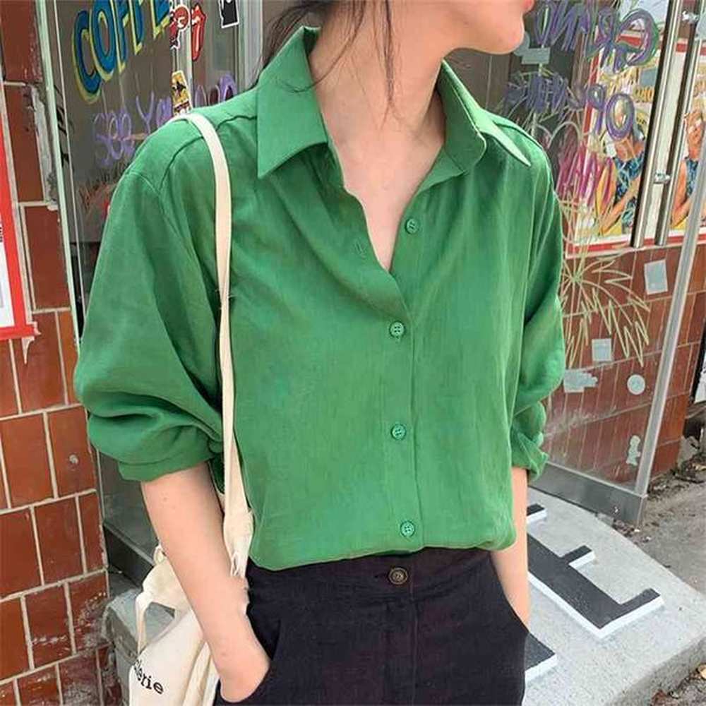 spring autumn womens blouses korean style retro lapel singlebreasted top