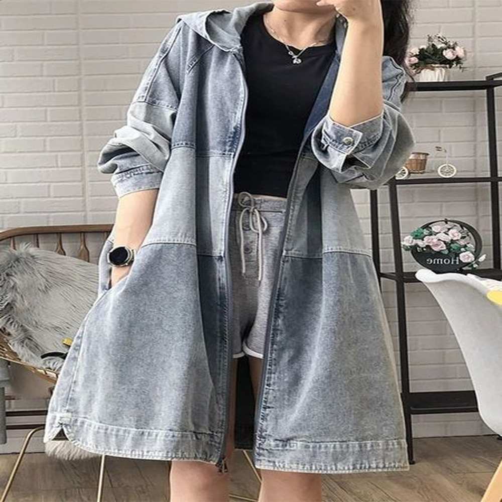 spring autumn womens korean version midlength loose fashion hooded stitching