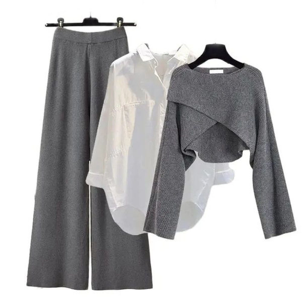 spring autumn womens set three piece loose shirtsolid sweaterhigh waist