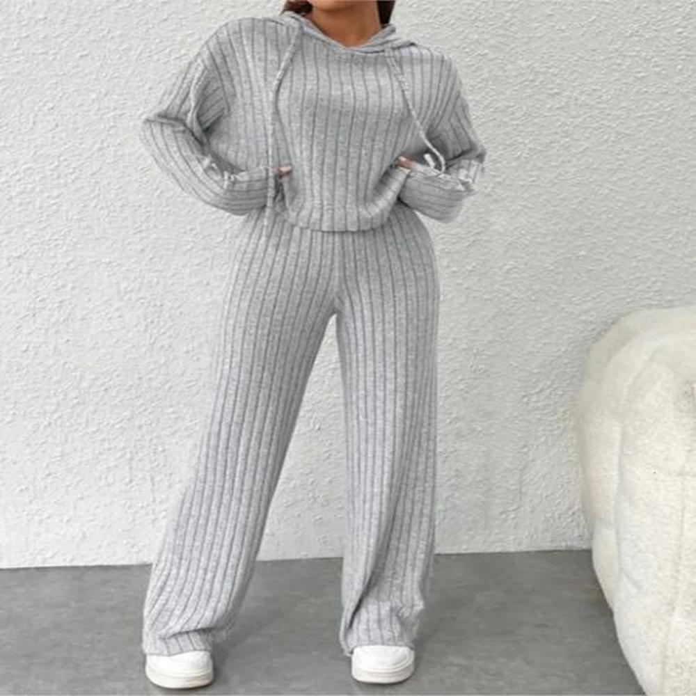 spring autumn womens solid color casual knitted striped hooded sweatshirt
