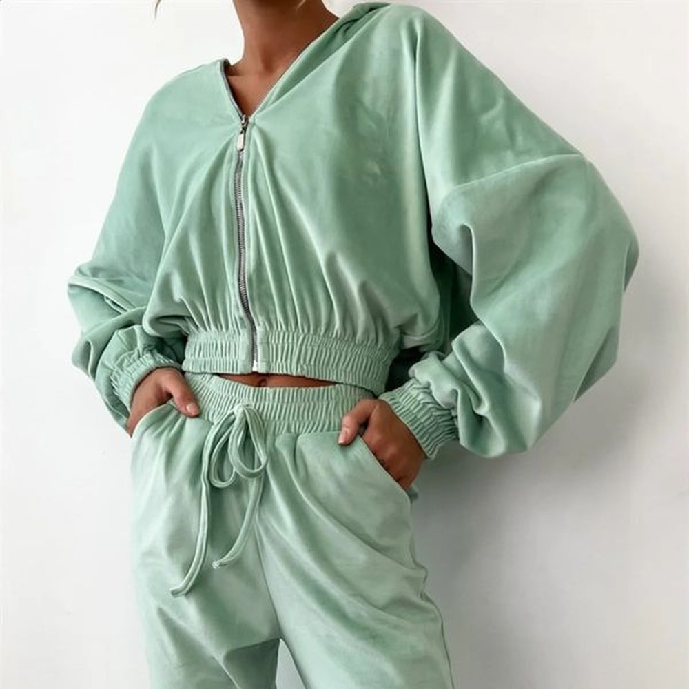 spring autumn womens trouser sets female solid color zipper