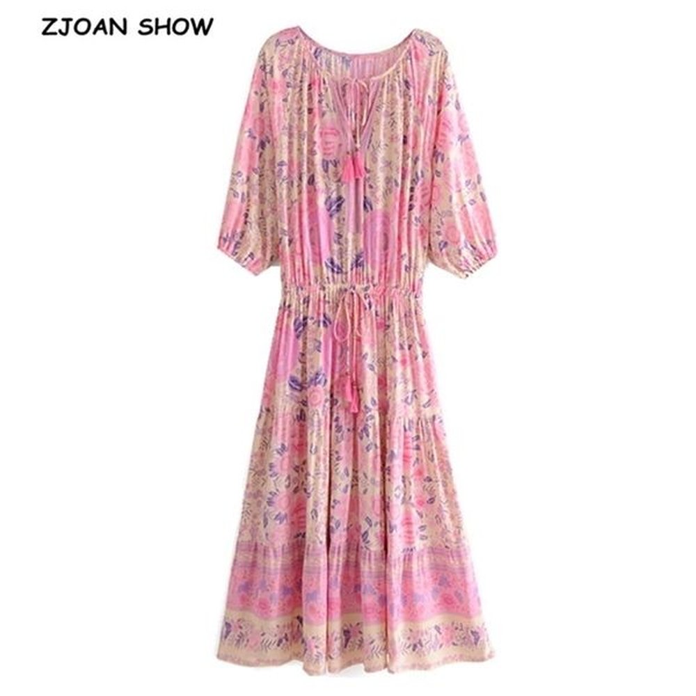 spring bohemia tassel lacing up collar pink flower print dress