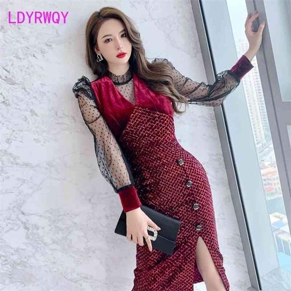 spring bright silk mesh sequin stitching longsleeved black dress female