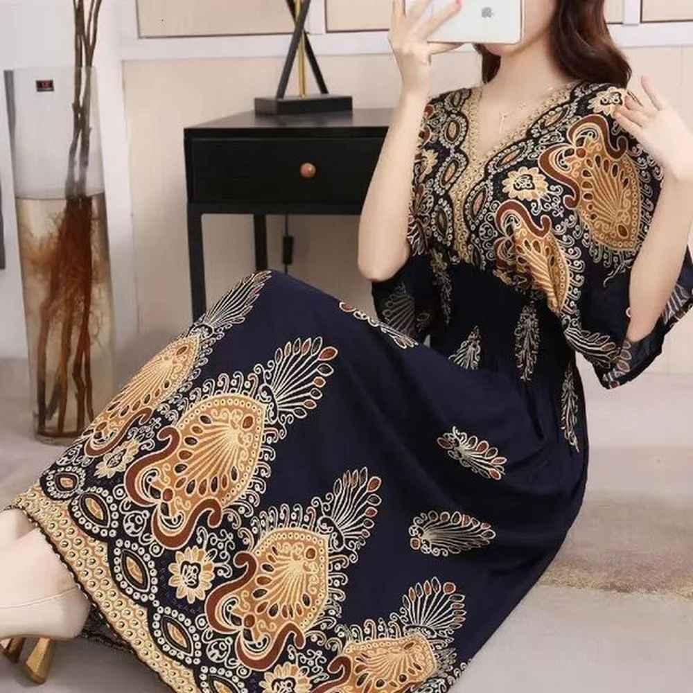 spring casual elegant retro bohemian style vneck elastic waist large