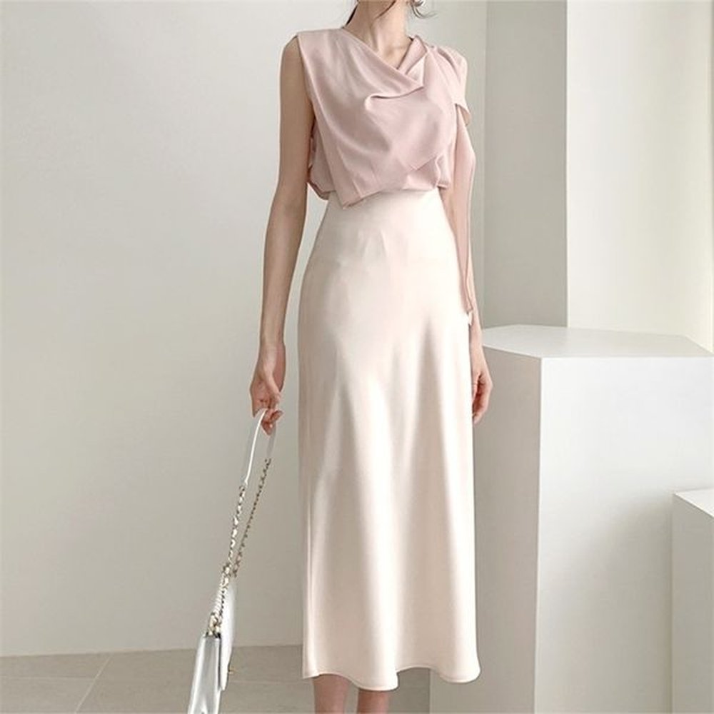 spring elegant high waist satin skirt women casual aline midi