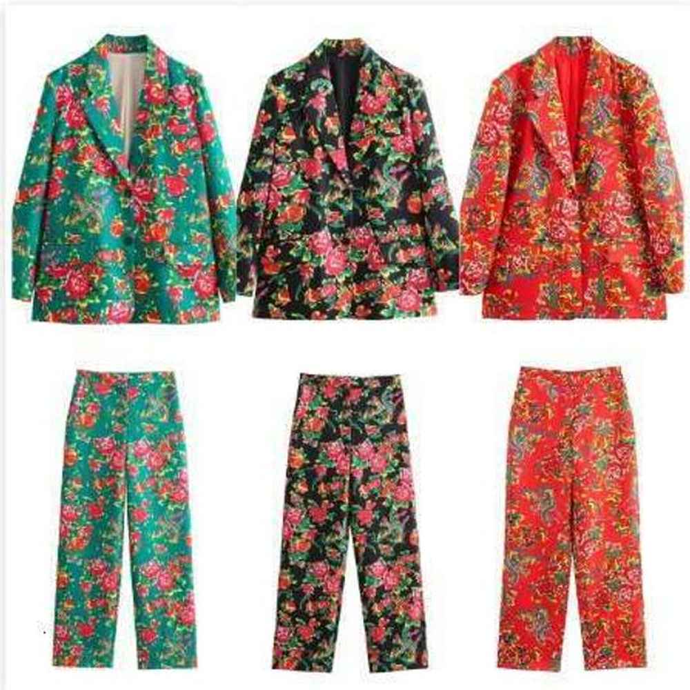 spring european and american womens printed loose suit coatpants set