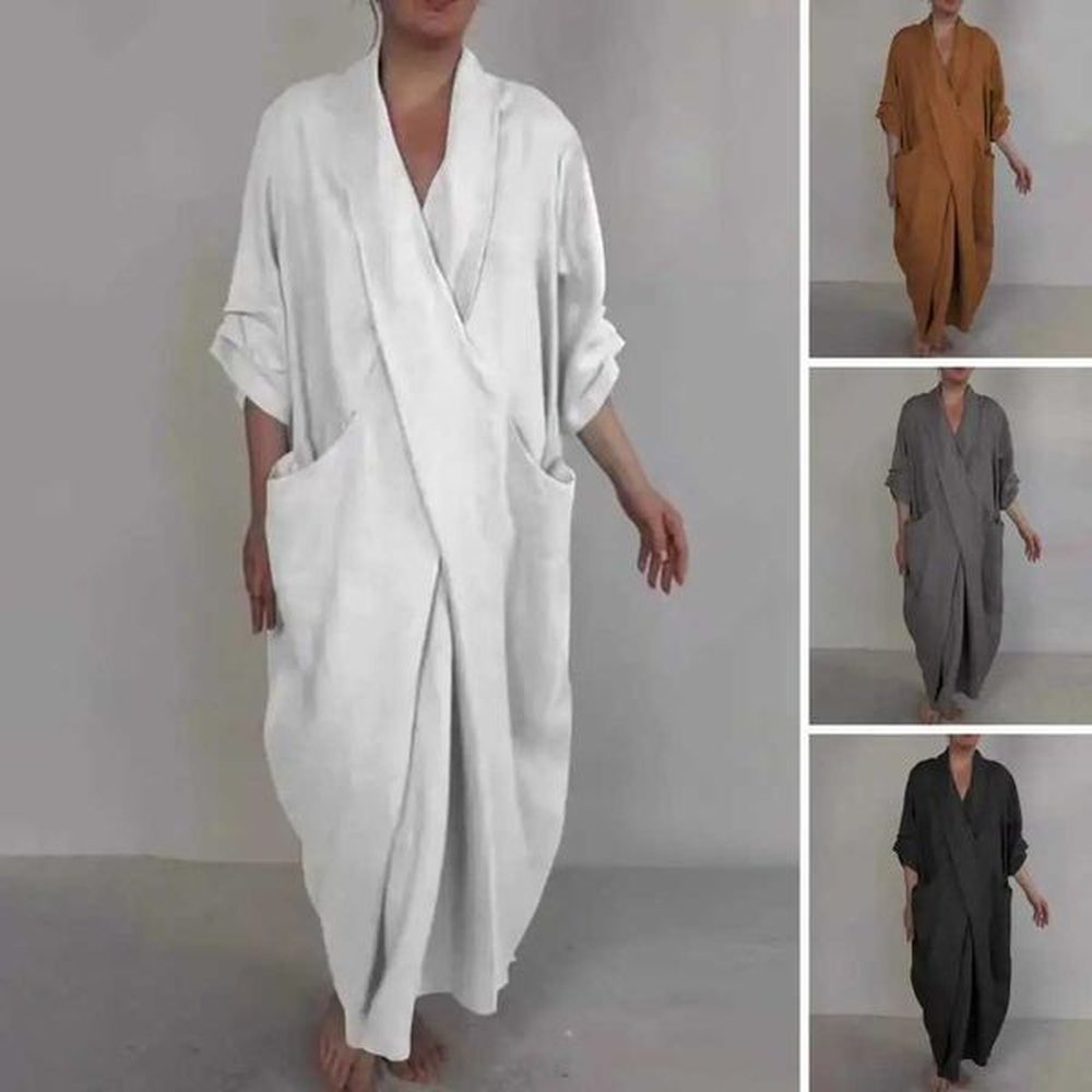 spring fall maxi dress robe baggy cross v neck solid