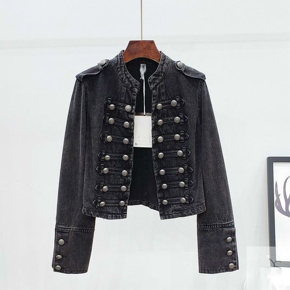 spring female vintage casual stand collar longsleeved beading black short