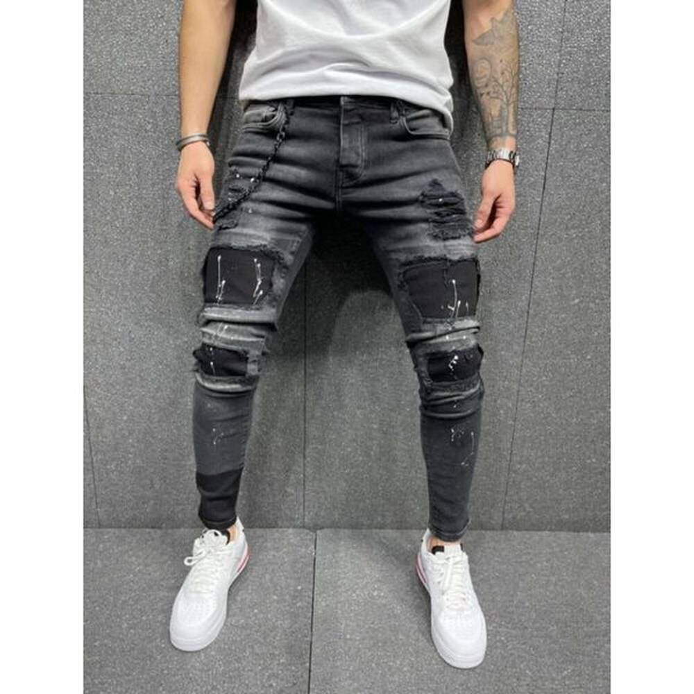 Spring Festival Does Not Close. Men's Distressed Printed Sell on Sale, with Patches and Elastic Small Leg Jeans b15ff2