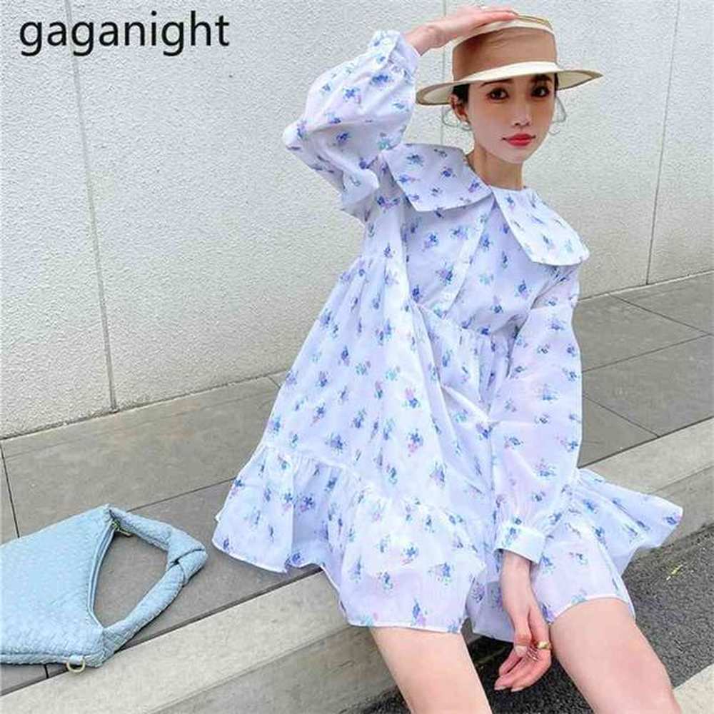 spring floral print vestidos puff sleeve peter pan collar white