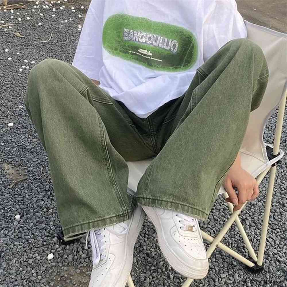 Spring Green Jeans Baggy Distressed Vintage Denim Trousers Male Wide Leg Pants Men Streetwear Retro Oversize Casual Hip Hop 250107