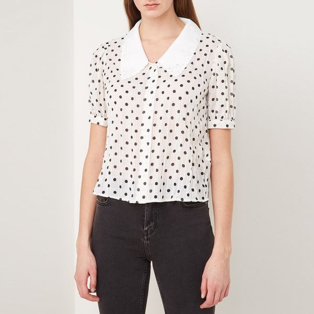 spring half sleeve lapel neck white polka dot print