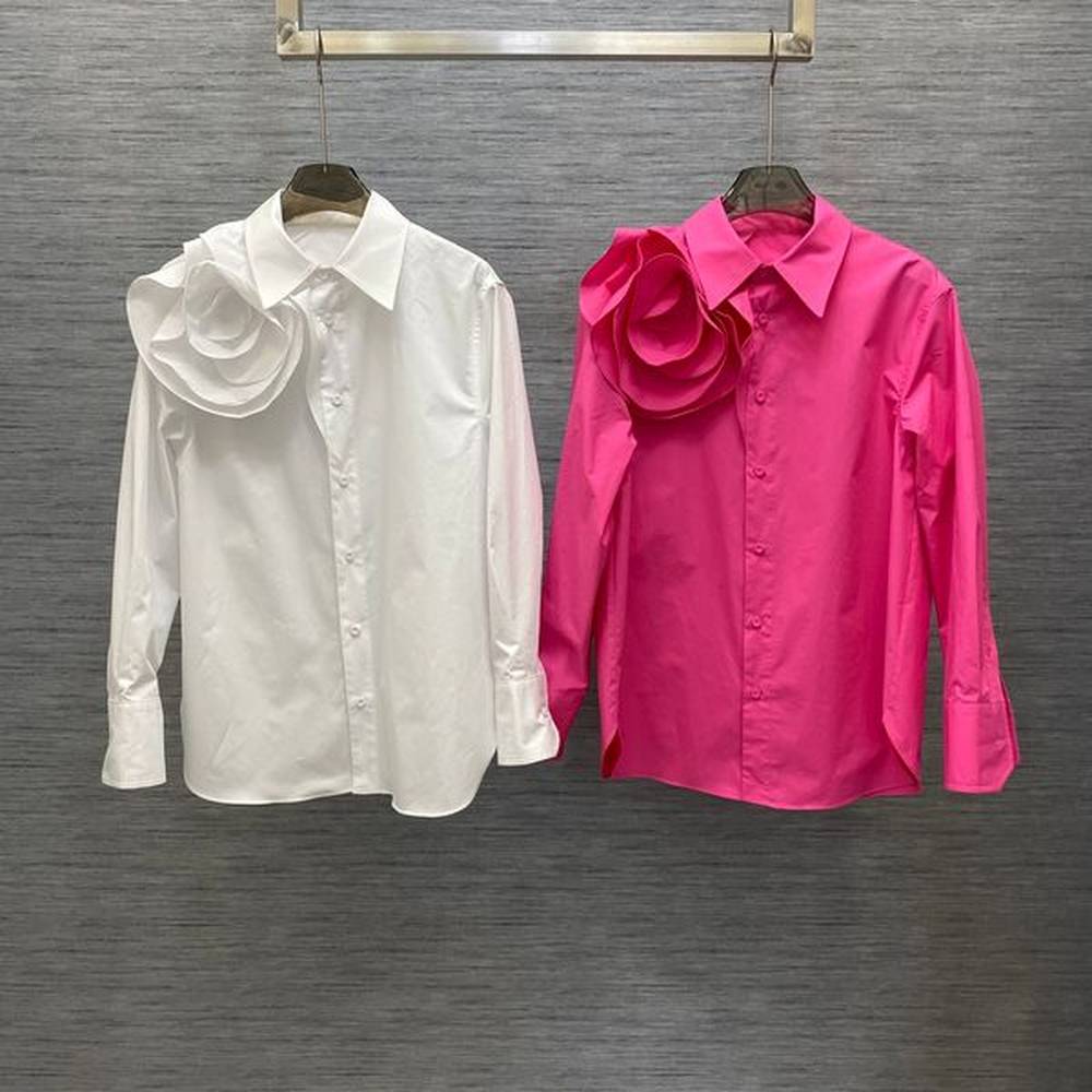 spring handmade roses womens blouses designer whitepink cotton long