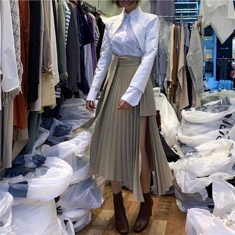 spring irregular sashes mid calf women pleated skirt khaki pleated