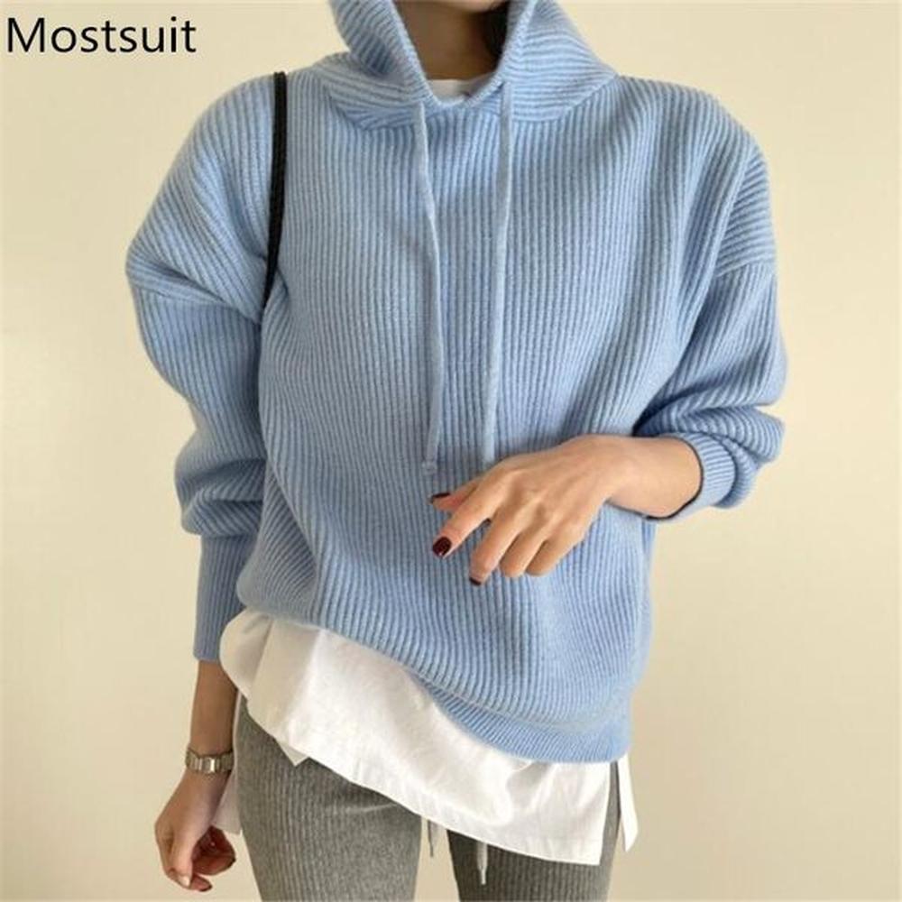 spring knitted hooded sweater pullover women full sleeve fashion solid