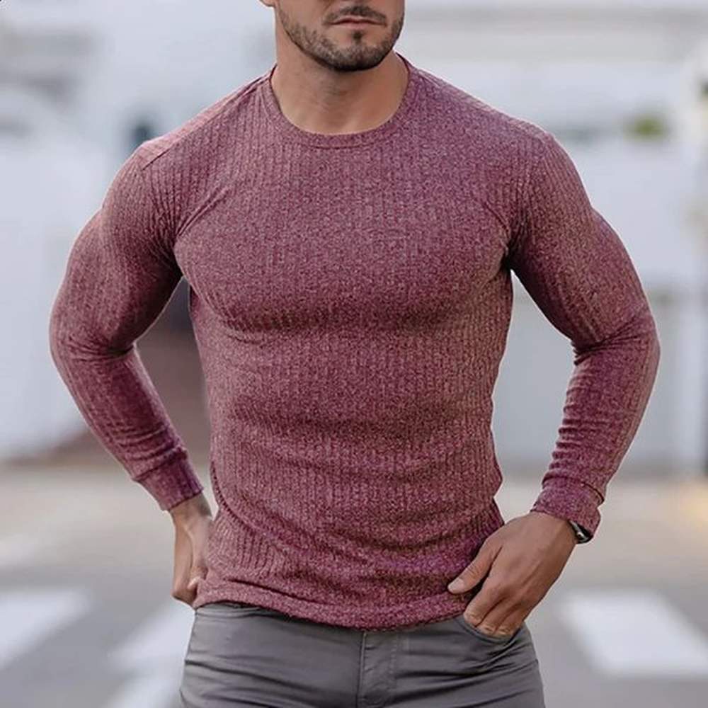 Spring Knitted Sports Long sleeved Mens Slim Fit Round Neck Running Tshirt Men Autumn Casual Gym Training Bodybuilding Tees 241021