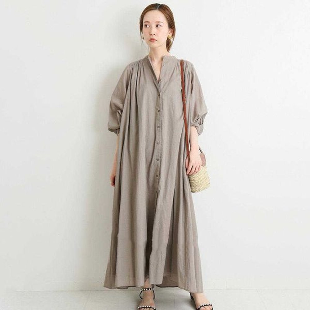 spring lantern sleeve button loose solid o neck aline dresses