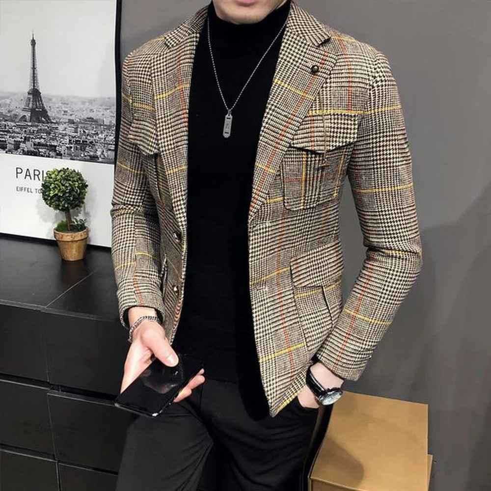 Spring Men Plaid British Printed Wedding Business Casual Blazer Suit Jacket Male Formal Blazers Plus Size S-3Xl 240306 B3