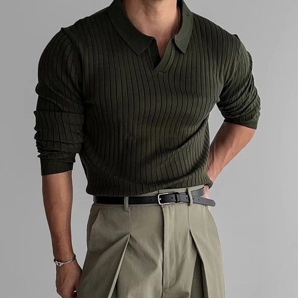 2024 Spring Mens Clothing Retro Knit Lapel Striped Polo Shirt Solid Color Long Sleeve Fashion Light Knitwear 3Xl 250113