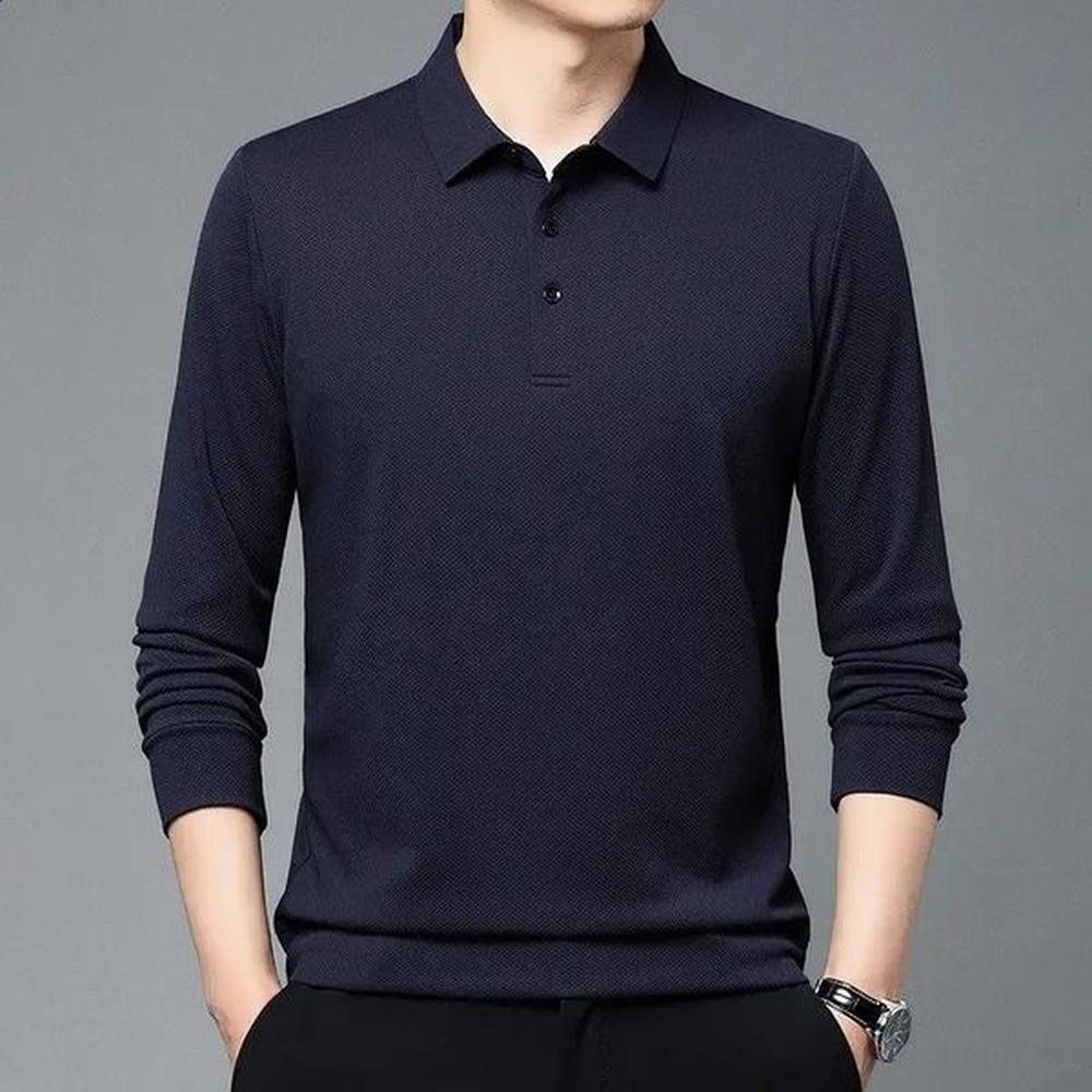 Spring Mens Thin Waffle Solid Polo Neck Long Sleeve Pullover T-shirt Autumn Fashion Splicing Buttons Casual Versatile Top 240813