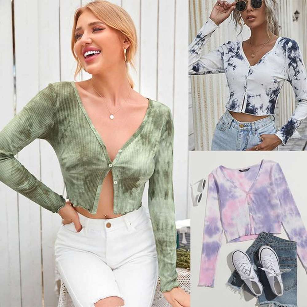 spring new fashion tie dye long sleeve cardigan tshirt