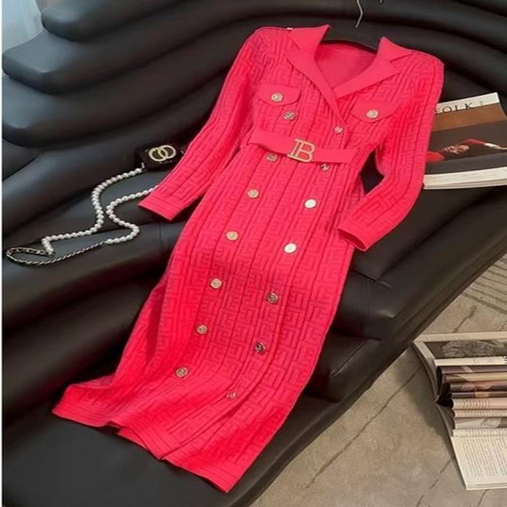 spring new french elegant knitted midi women fashion lapel long