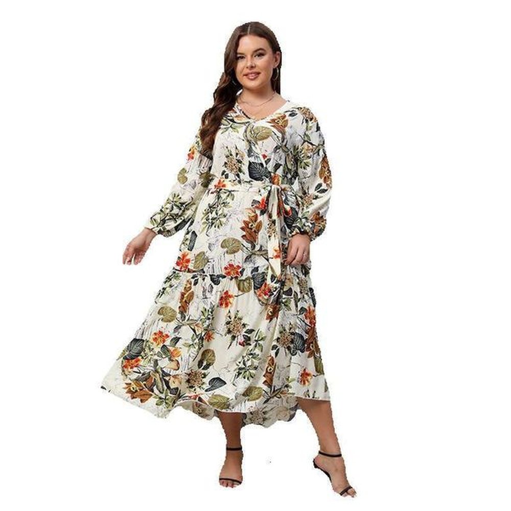 spring new oversized dress with printed vneck sleeved floral long