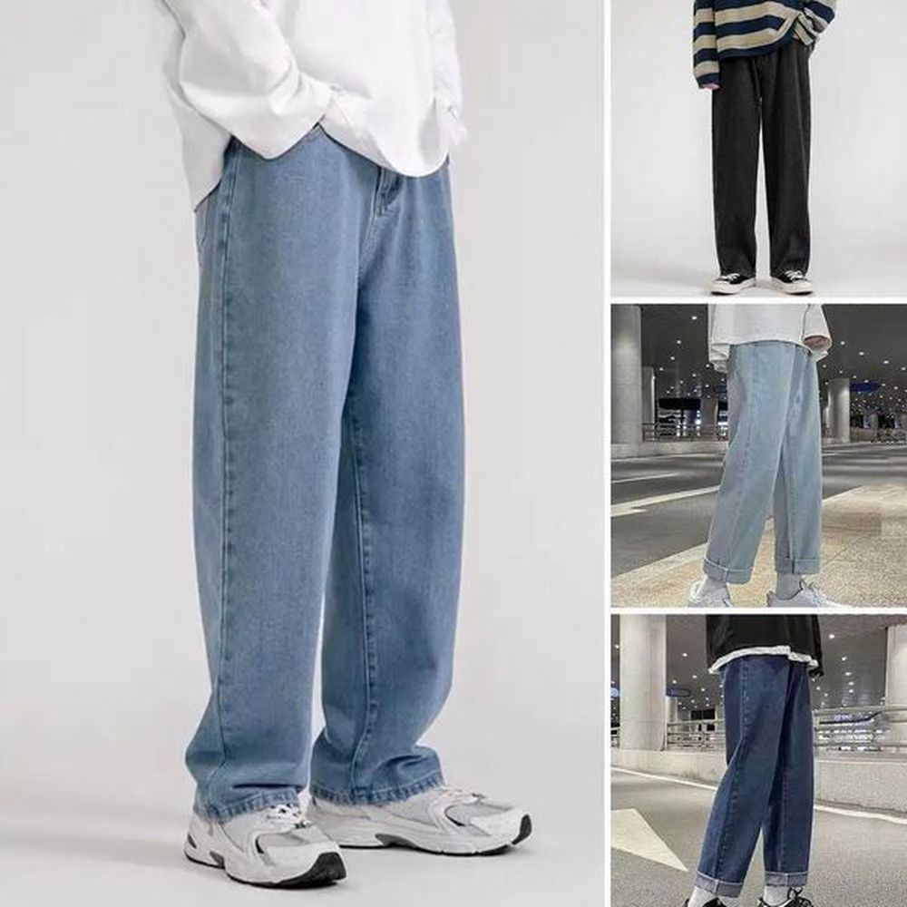Spring New Streetwear Baggy Jeans Men Korean Fashion Loose Straight Wide Leg Pants Male Clothing Black Light BlueM240803