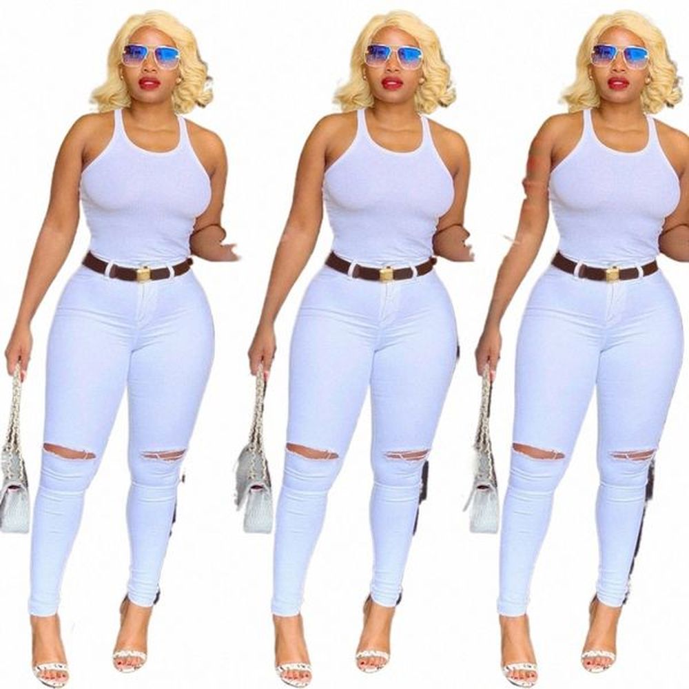 spring new womens white high waist ripped jeans fashion