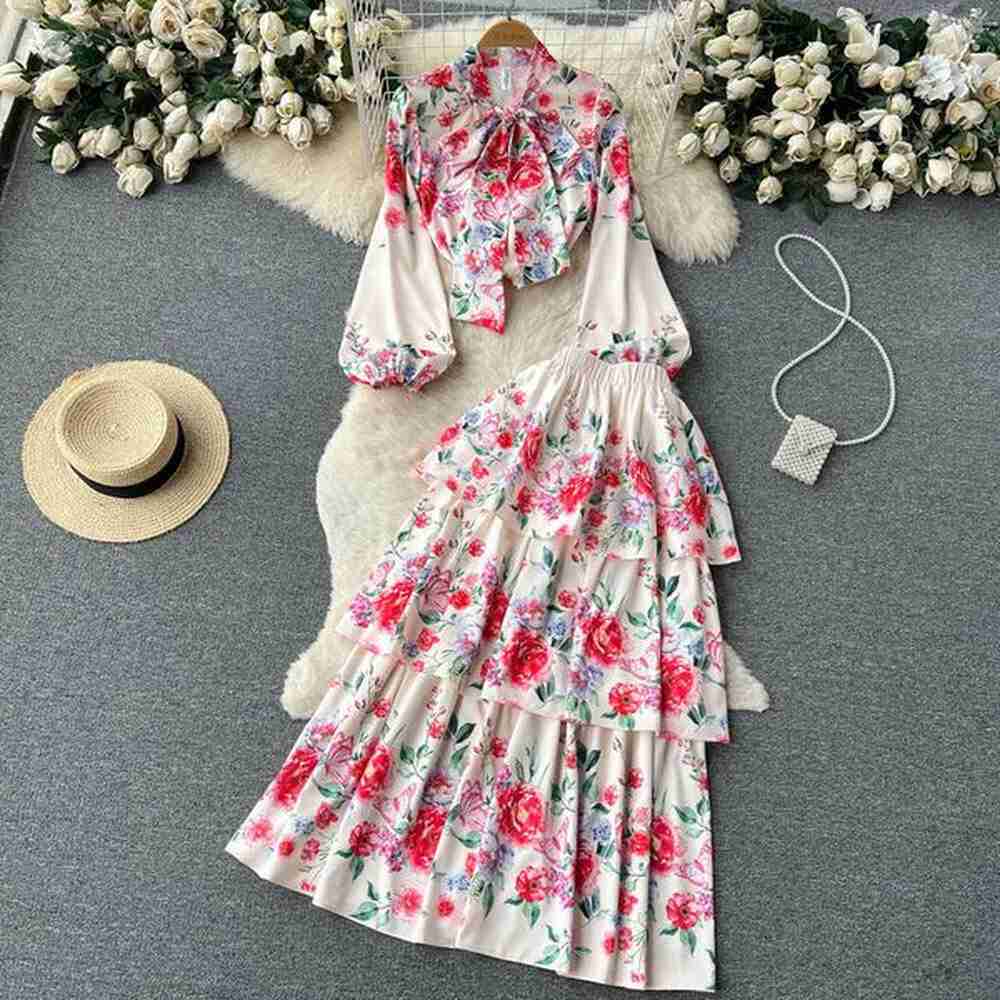 spring outfit new style temperament sweet print womens lantern sleeve