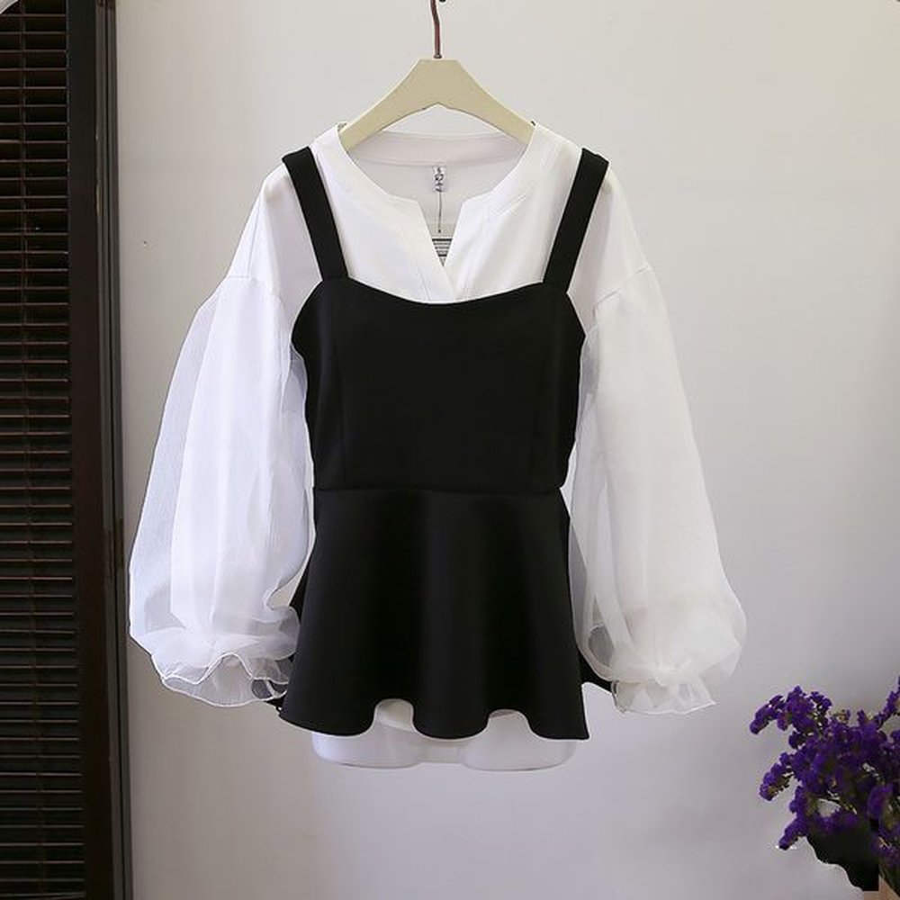 spring piece set blouse woman korean bubble sleeve white