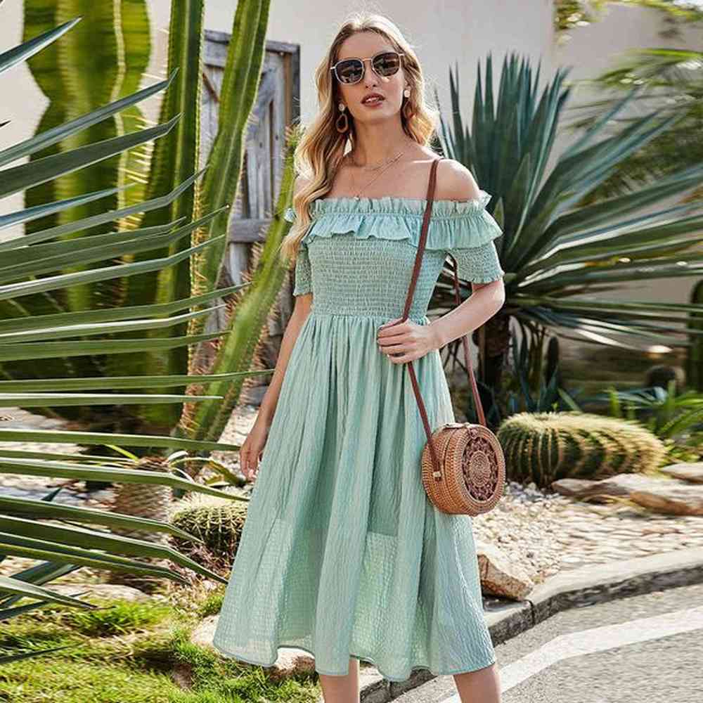 spring polyester and spandex fit and flare slash neck green