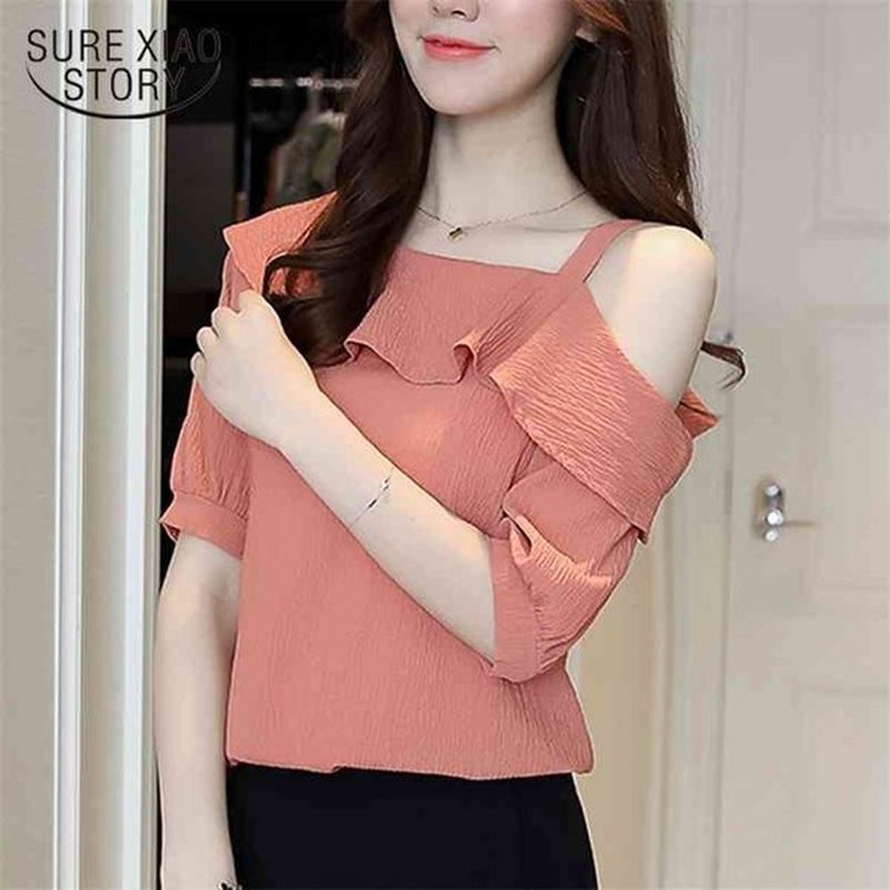 spring sexy fashion women clothing ruffles chiffon slim solid tops