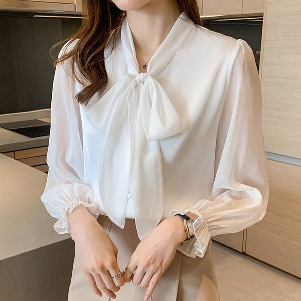 spring summer bow chiffon shirt new black white shirt