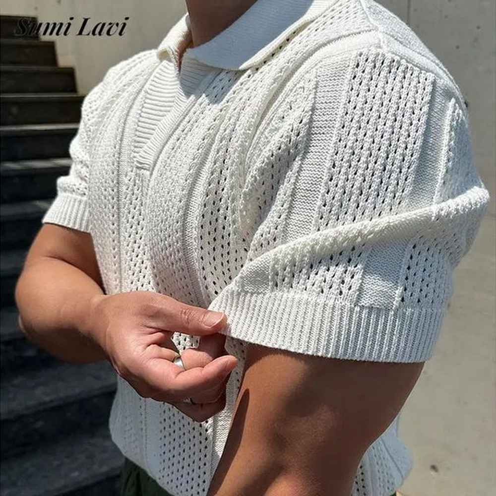 2025 Spring Summer Casual Mens Mesh Polo Shirts Slim Fit Knitted Short Sleeve Polo Tops Men Vintage Lapel Solid Color Pullovers 250210