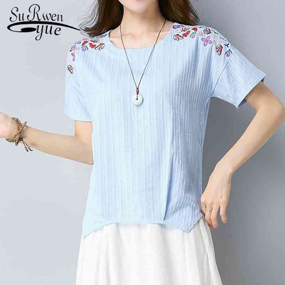 spring summer casual national women shirt short sleeve embroidery floral