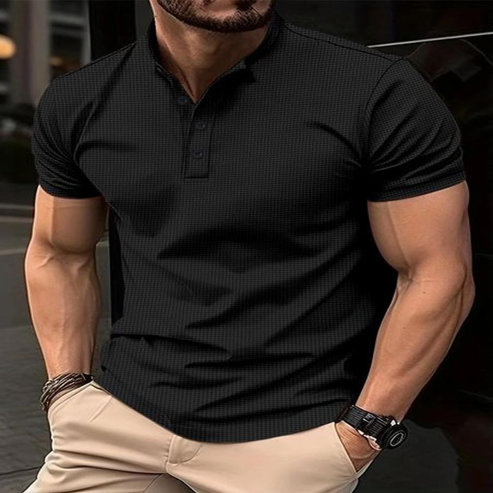 Spring Summer Mens Top Elegant Fashion Henry Collar Slim Top Mens Casual Solid Waffle Breathable Short Sleeve T-Shirt 241217