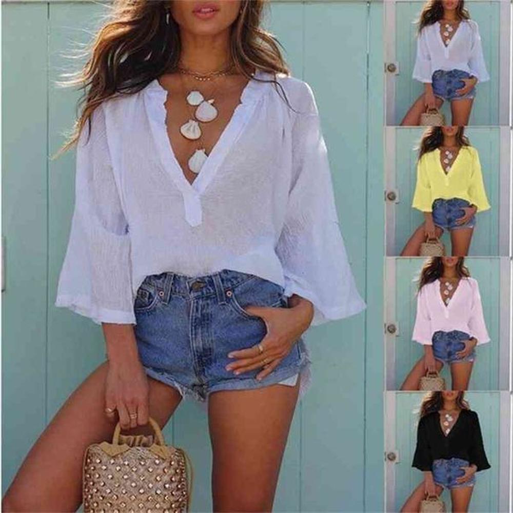 spring summer patchwork female shirts colors deep v neck