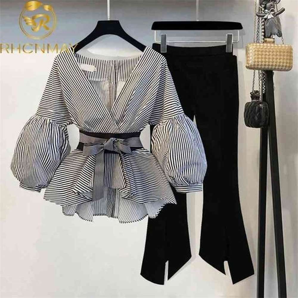 spring summer pcs suits womens striped bow lantern sleeve
