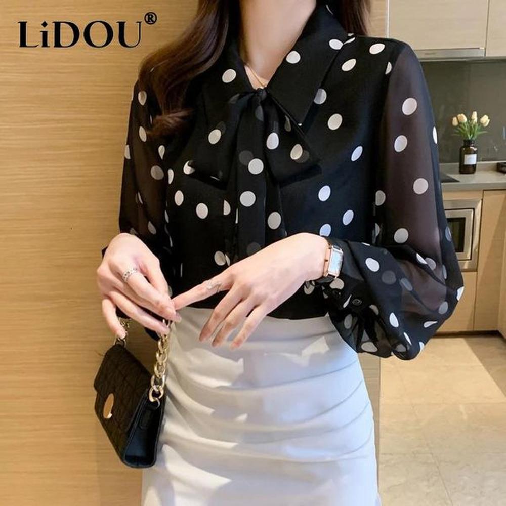 spring summer polka dot printing chiffon shirt women fashion turndown