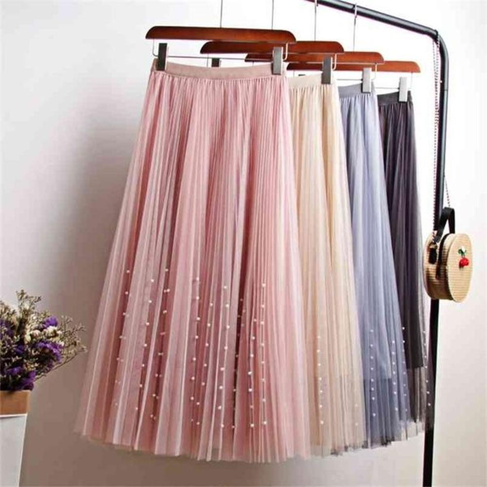 spring summer skirts womens beading mesh tulle women elastic high