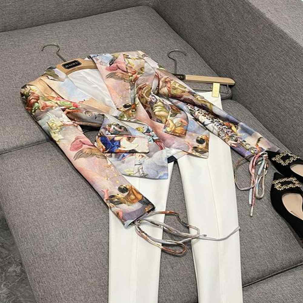 spring summer vintage floral print lace up blazers long sleeve
