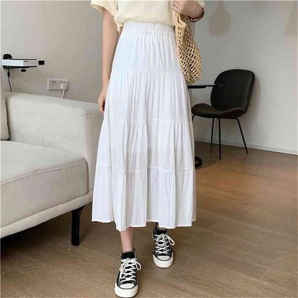 spring summer women chiffon skirts vintage highwaisted elastic patchwork white