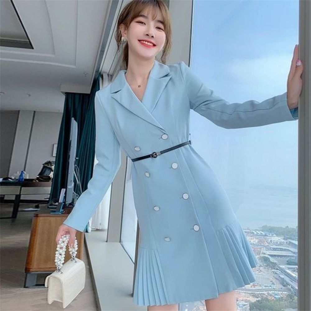 spring vintage blazer dresses for women double breasted slim pleated