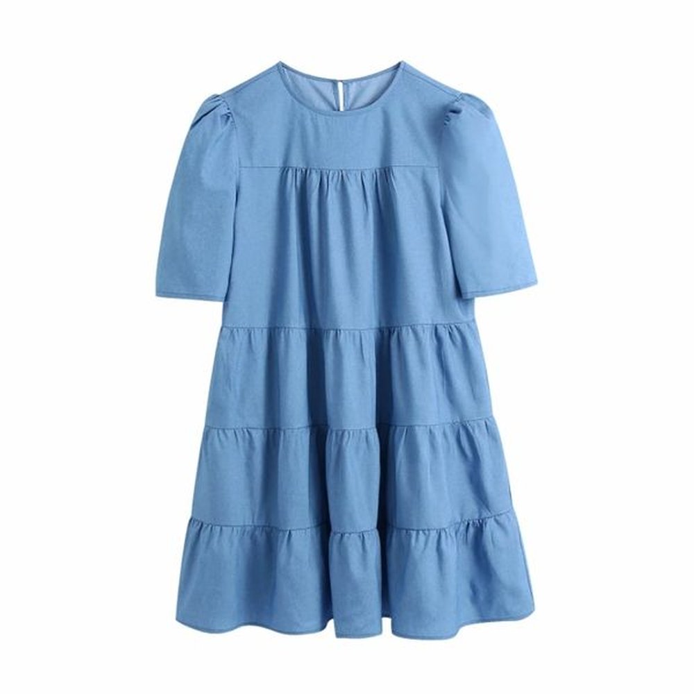 spring women denim mini tiered dress female o neck puff