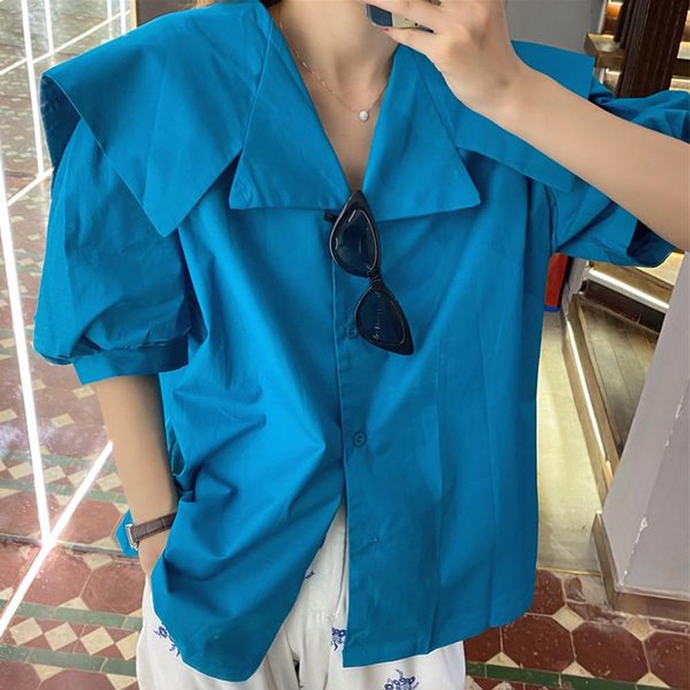 spring women fashion office lady blouse turndown collar short puff