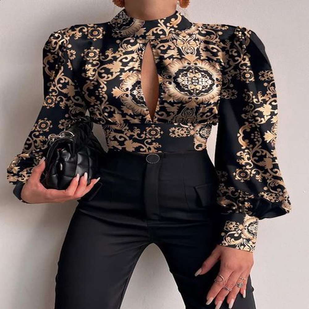 spring womens sexy backless hollow printed shirt top casual standing